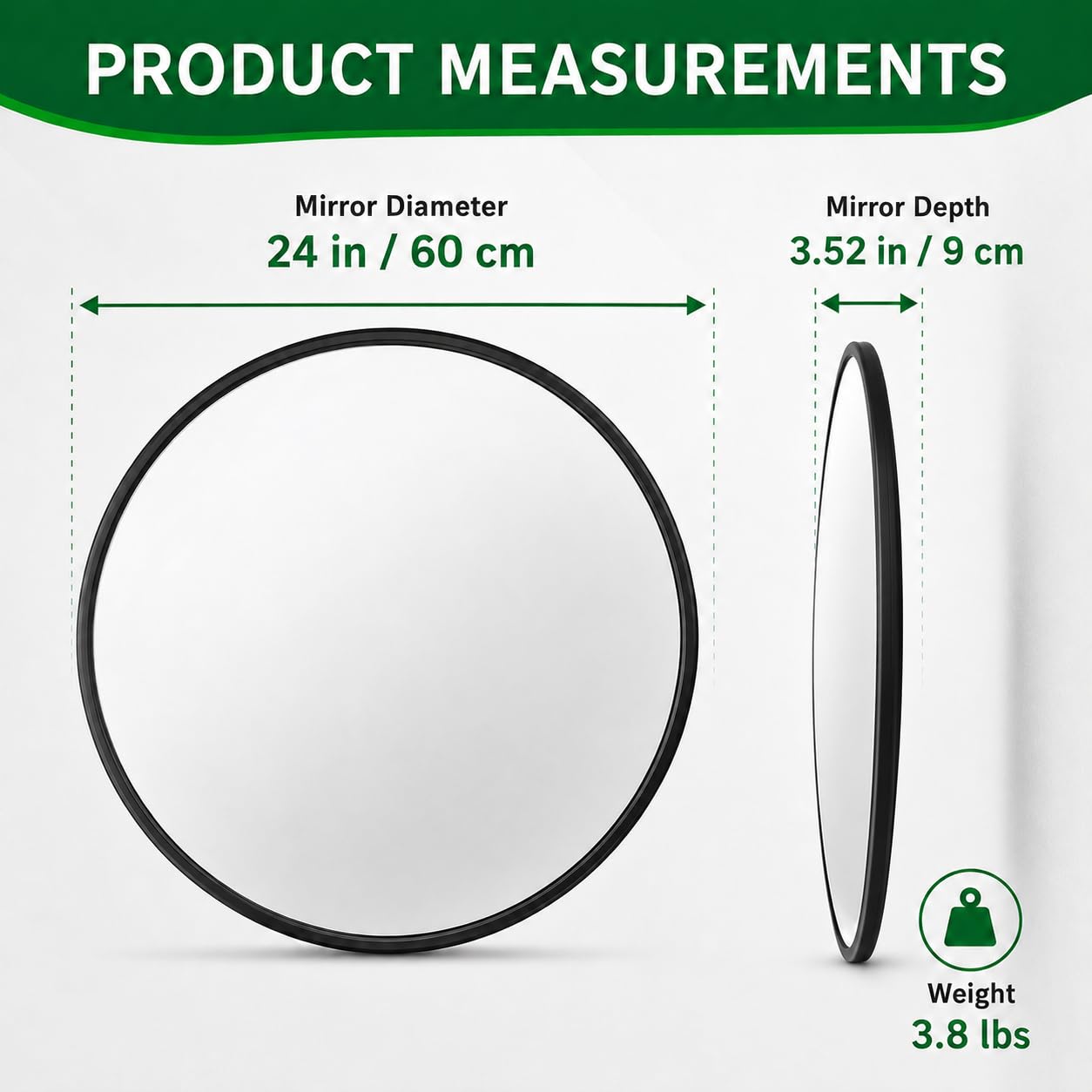 BESEA Espejo de carretera convexo, espejo de seguridad para montaje en pared, garaje, almacén, centro comercial, hogar, oficina, interior, con buena visibilidad, 61 cm, negro