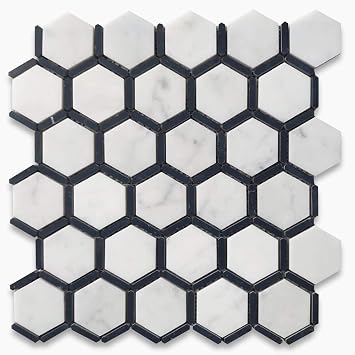 Carrara White Marble 2 inch Hexagon w/Nero Marquina Black Strips Mosaic Tile Honed Kitchen Bath Wall Floor Backsplash Shower 1 Sheet