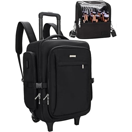 Relavel Rolling Makeup Case with Makeup Brush Bag, Professional Cosmetic Train Case Makeup Train Case with Wheels, Extra Large Travel Makeup Box Organizer for Makeup Artist