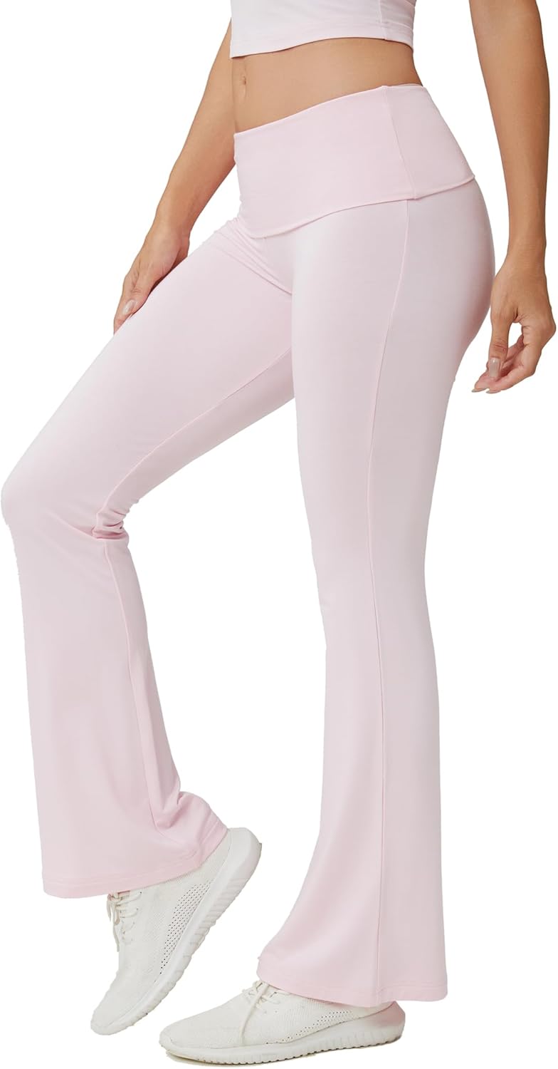 Women’s Flare Yoga Pants with Fold Over Waist – High Waisted Bootcut Lounge Pants Stretchy Comfy Workout Pants for Women-Pink