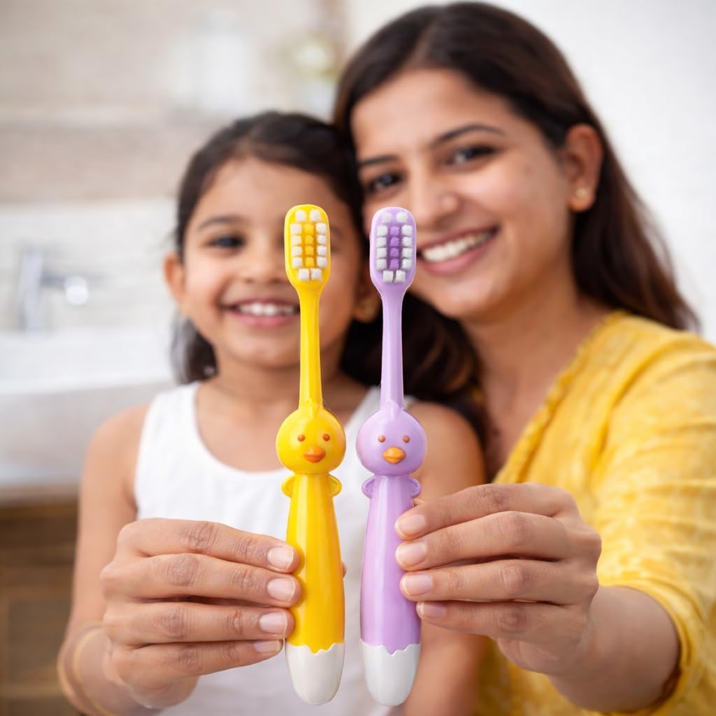 Duck Shape Kids Toothbrush (Pack of 2 - Pink & Yellow) | Extra Soft Bristles for Sensitive Gums | BPA-Free Manual Toothbrush for Boys & Girls (Age 2-10 Years) | Training Toothbrush with Easy Grip Handle-image-8