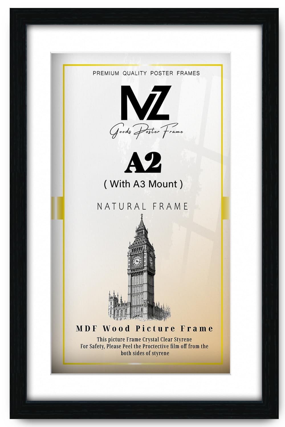 MZ GOODS | Poster Frame 1' 4" x 1' 11" Black 23" x 16" With A3-(16 x 11 Inch) White Mount Handmade for Room Décor A2 (41.90 x 59.40 cm) [ Black ]