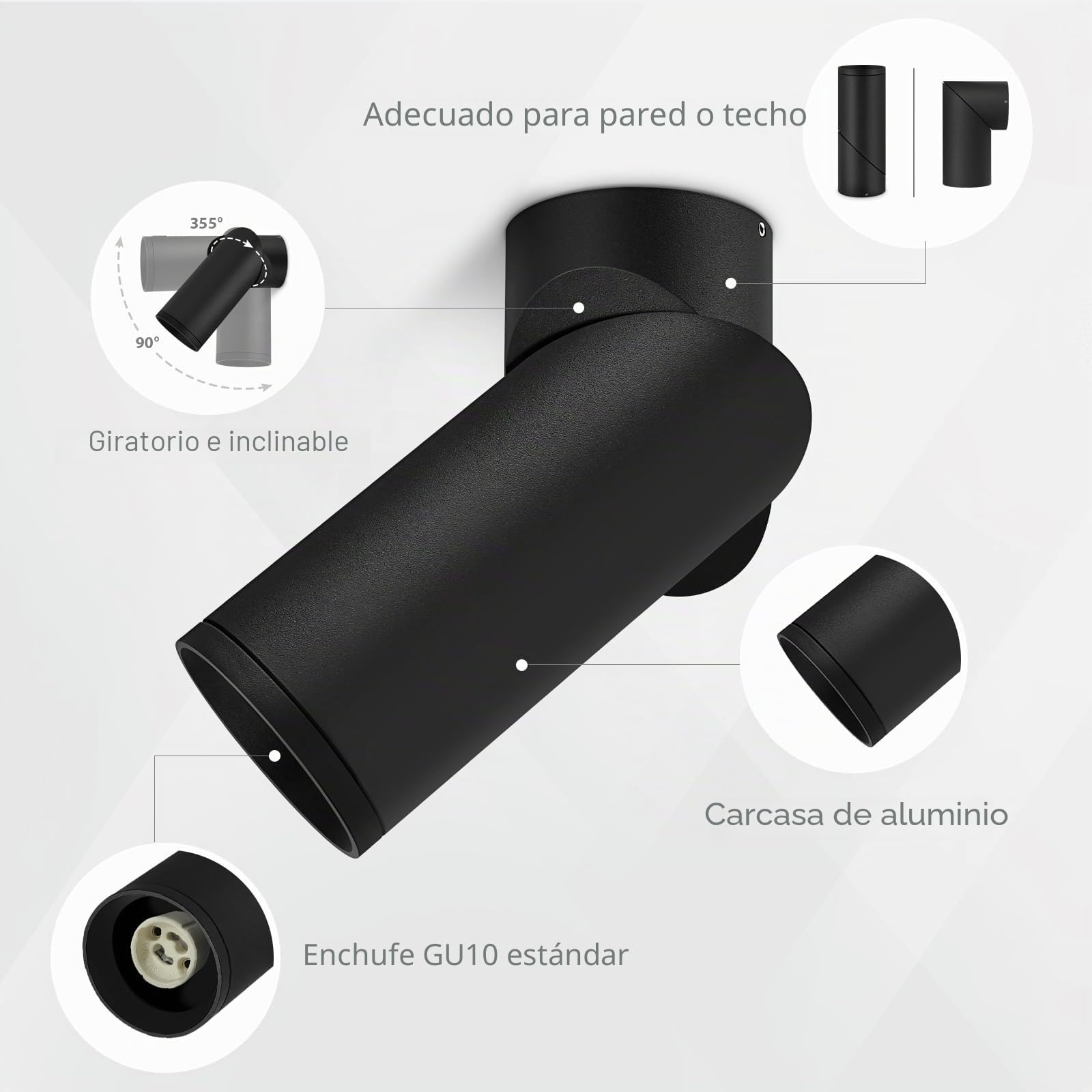 KYOTECH 2 focos empotrables negros orientables con casquillo GU10, lámpara de montaje de aluminio, focos de techo ajustables para pared y techo, sin bombilla