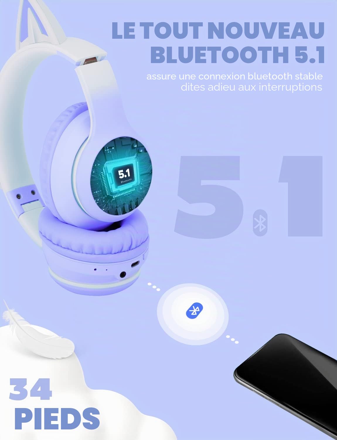 Casque Audio Enfant, Casque sans Fil Bluetooth Réglable avec Oreilles de Chat, Lumière LED et Microphone, Casque sans Fil et Filaire pour Enfants et Fille 2 3 4 5 6 7 8 9 10 Ans
