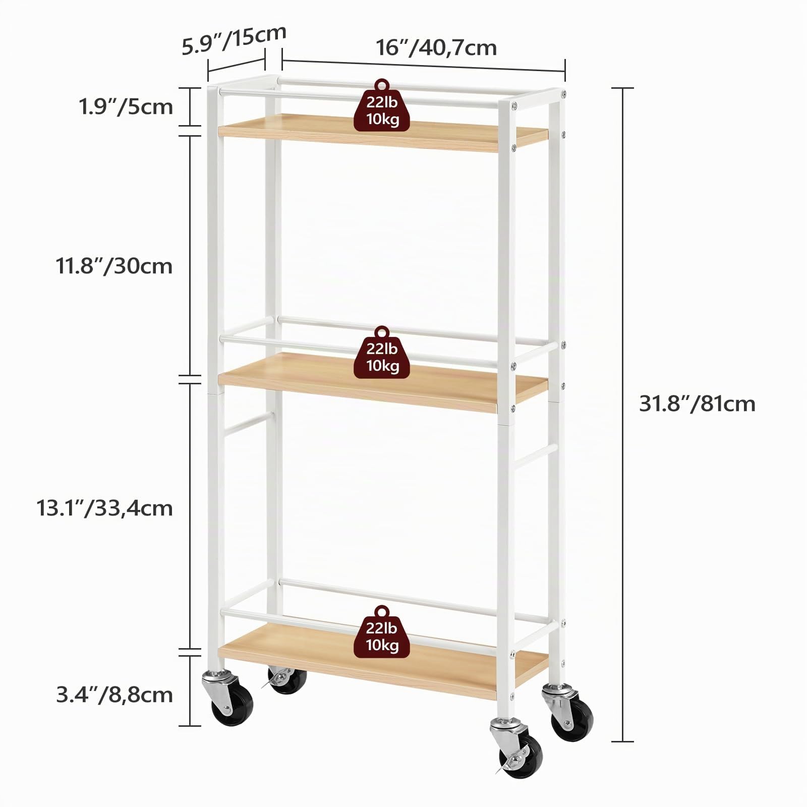 MAHANCRIS Chariot Fin à 3 Niveaux, Desserte de Cuisine Étroit avec Roues, Chariot de Rangement Utilitaire, pour Petits Espaces dans la Salle à Manger, Salle de Bain, Blanc ARCBN1501