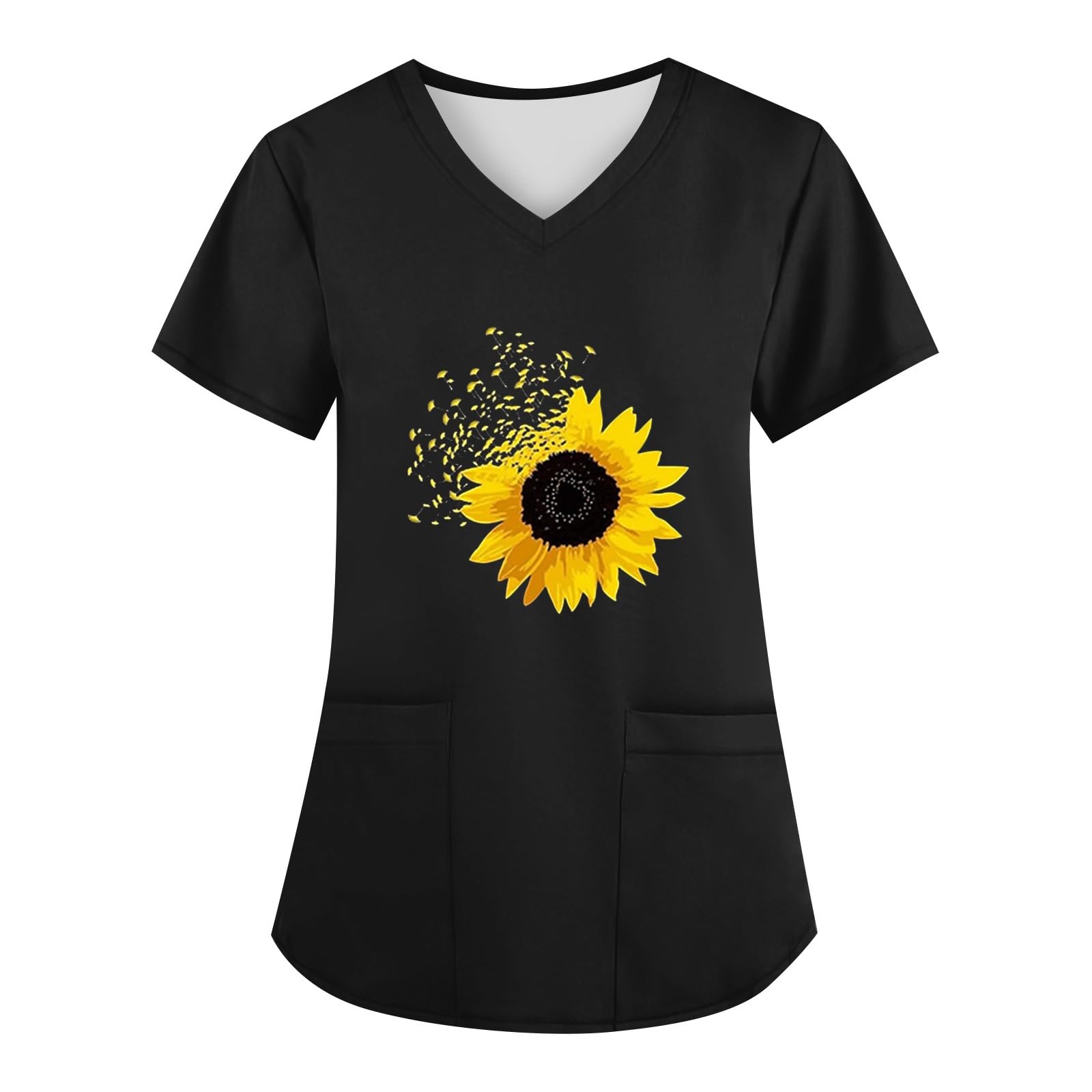 Womens Medical Nursing Scrub Top Plus Size Short Sleeve V Neck Sunflower Printed Medical Workwear Uniforms
