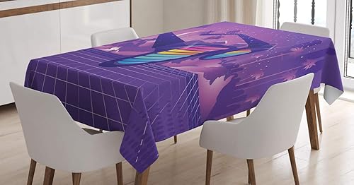 Ambesonne Synthwave Tablecloth, Rainbow Striped Retro Sunglasses on Big City with Tropical Palm Trees, Rectangular Table Cover for Dining Room