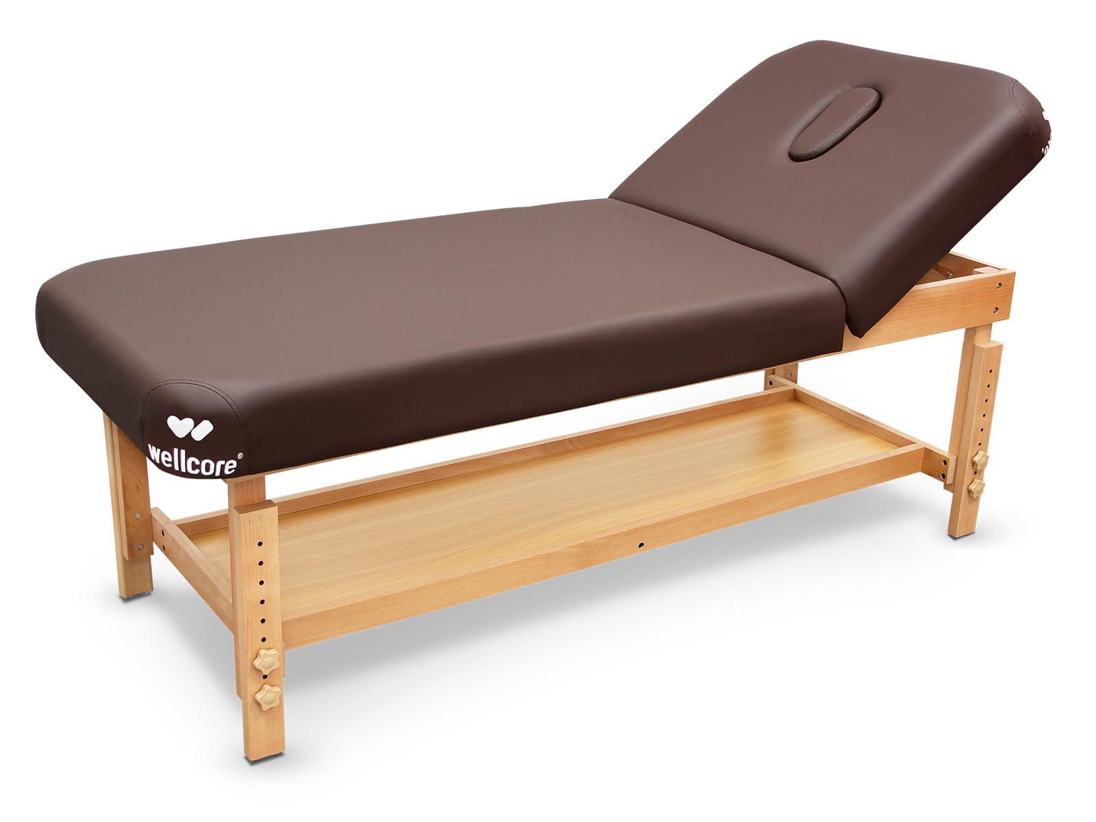 Quirumed WELLCORE Lettino Fisso in Legno, Colore Marrone, 185 x 76 cm, 2 Sezioni, Schienale Regolabile, Altezza Regolabile, con Ripiano Inferiore e Foro Facciale