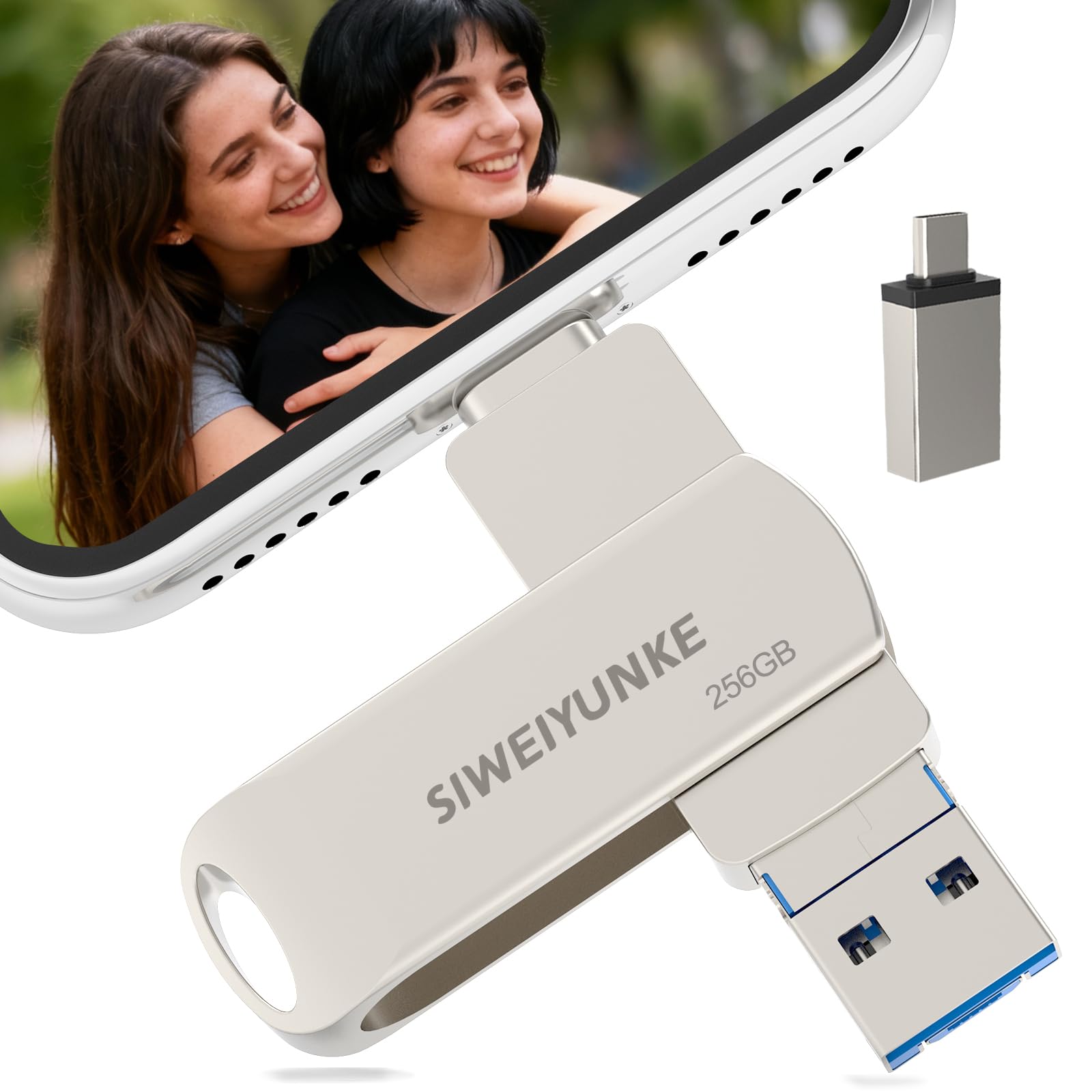 USB Stick 256GB für Phone, 4-in-1 Speicherstick, Photostick, Fotostick 3.0, Externer Speicher für Fotos und Videos, Schnelle Übertragung, Flash Drive für Handy/iOS/Android/Pad/Laptop/Pc, Silber