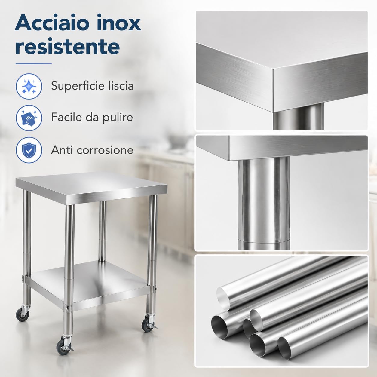 SHZICMY Mesa de trabajo de acero inoxidable con ruedas, 60 x 60 x 85 cm, para cocina, cocina, cocina, cocina, cocina, cocina, cocina, bar, carga de 300 kg