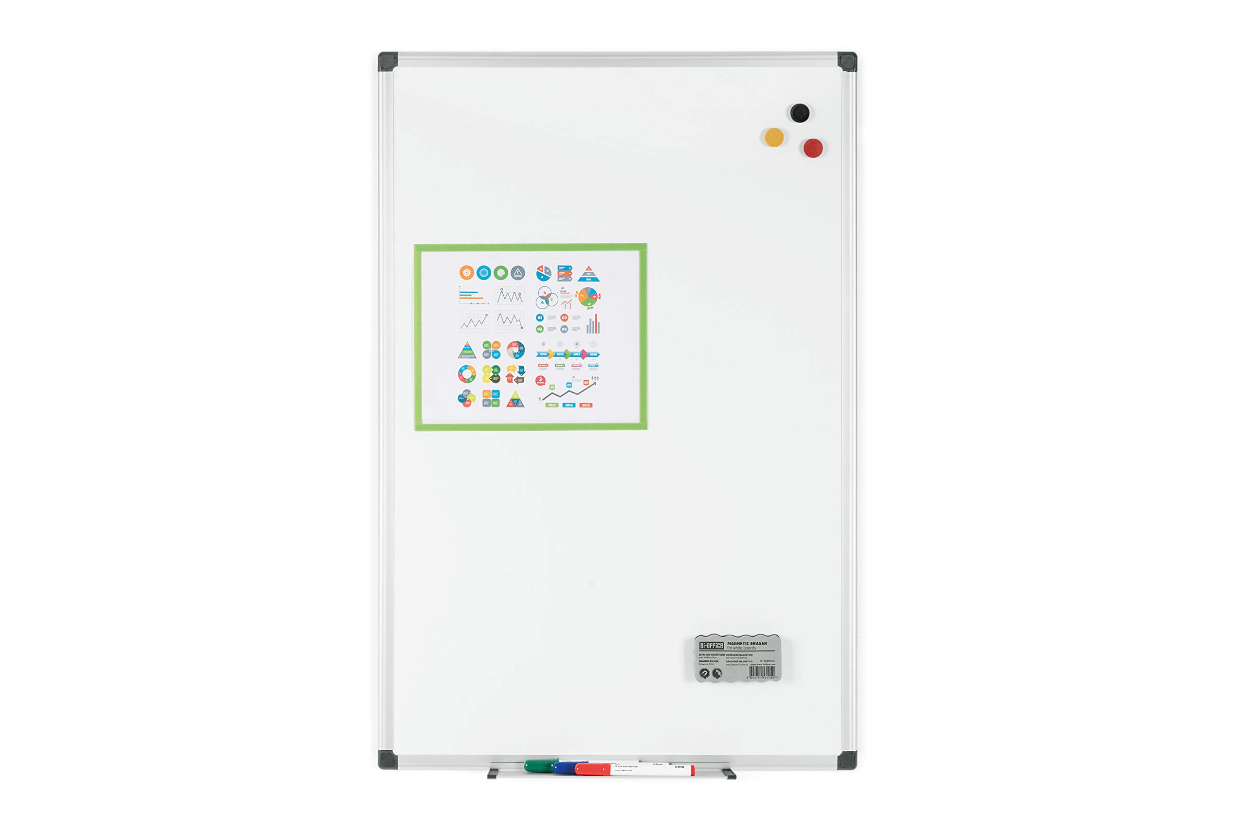 Bi-Office Maya magnetyczna tablica suchościeralna, emaliowana powierzchnia premium, zmywalna na sucho, tablica memo z aluminiową ramą i półką na długopisy, tablica magnetyczna, 105 x 75 cm