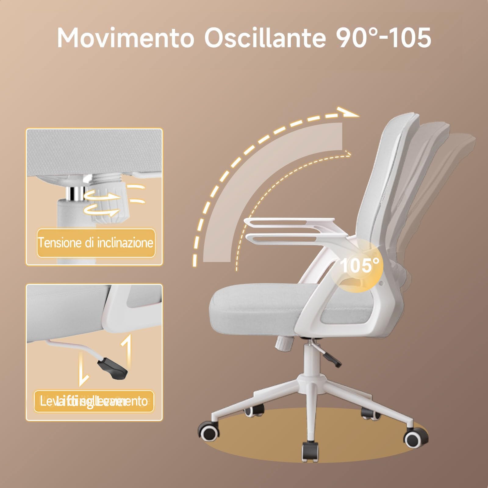 naspaluro Sedia da Ufficio Scrivania Ergonomica, Con Braccioli Pieghevoli, Altezza Regolabile, Seduta e Schienale in Rete Respirante, Girevole con Ruote, Funzione Oscillante Grigio