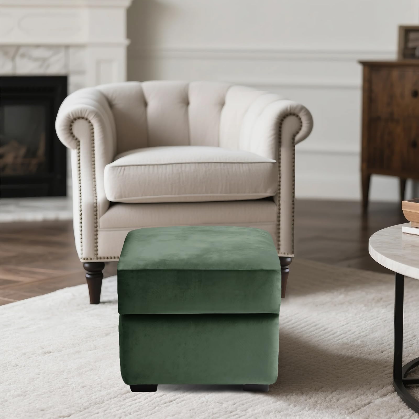 SYLC Ottoman Cover Stretch Velvet, Footstool Cover and Pouffe Cover Non-slip with Elastic Bottom/ties, Slipcover for Folding Storage Poofy Foot Stool (Mint green,Square-S Ottoman+Seat)