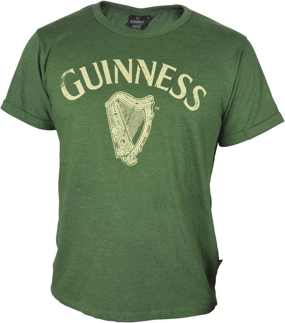 Official Merchandise Guinness Vintage Harp Label T-Shirt Green Cotton Graphic Short Sleeve Tee
