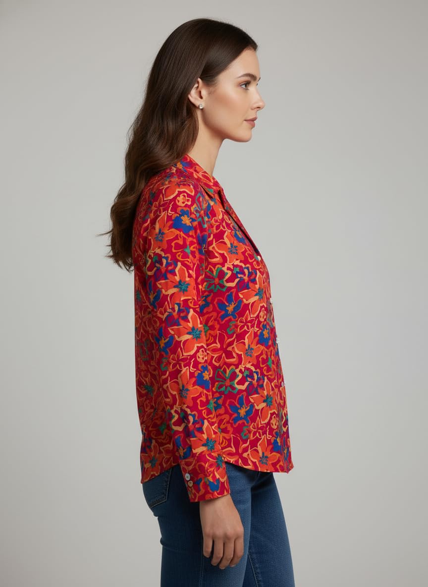 ANNI Designer Bedrucktes Damenhemd aus Baumwollmischgewebe, langärmelig, normale Passform, Hemdkragen, legere Bürokleidung, elegante Western-Kleidung für den Alltag, Hochzeit, Party