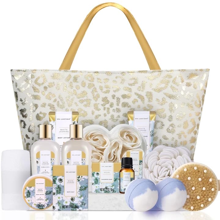 Spa Luxetique Gifts for Women 15pcs White Jasmine Gift Baskets for Women Luxury Relaxing Spa Kit with Tote Bag Birthday Gifts for Mom Friend Sister Wife Grandma Mothers Day Gift for Her