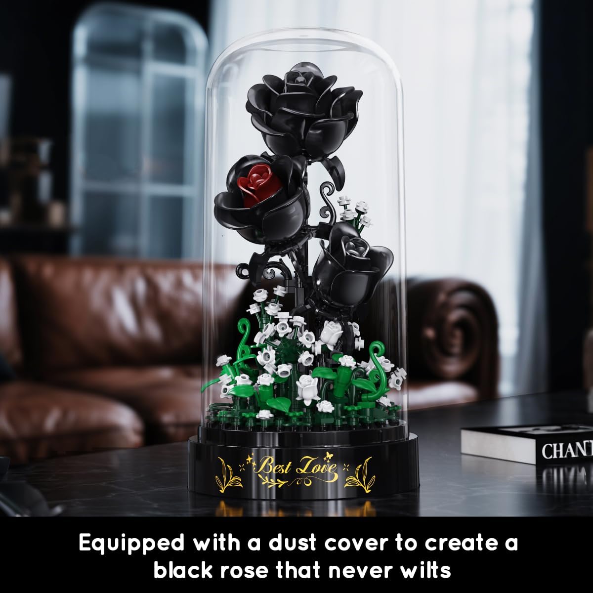 Image showing the black rose bouquet with its clear dust cover, emphasizing its protective function.