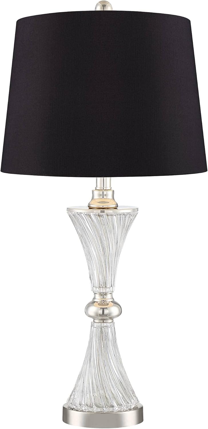 Regency Hill Luca Modern Glam Luxury Table Lamps 25.5" High Set of 2 with USB Port Clear Glass Chrome Black Fabric Drum Shade Decor for Living Room Bedroom House Bedside Nightstand Home
