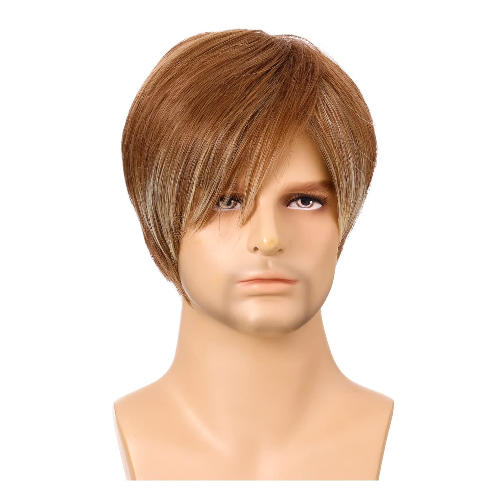 Pelucas for hombres Cabello liso corto sintético con flequillo mixtas rubias naturales de fibra cosplay diarias