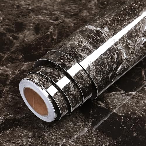 LaCheery Papier Adhesif pour Meuble Cuisine Film Adhesif pour Meuble Effet Marbre Noir 60cm x 400cm Autollant Plan de Travail Vinyle Rouleau Papier Peint...