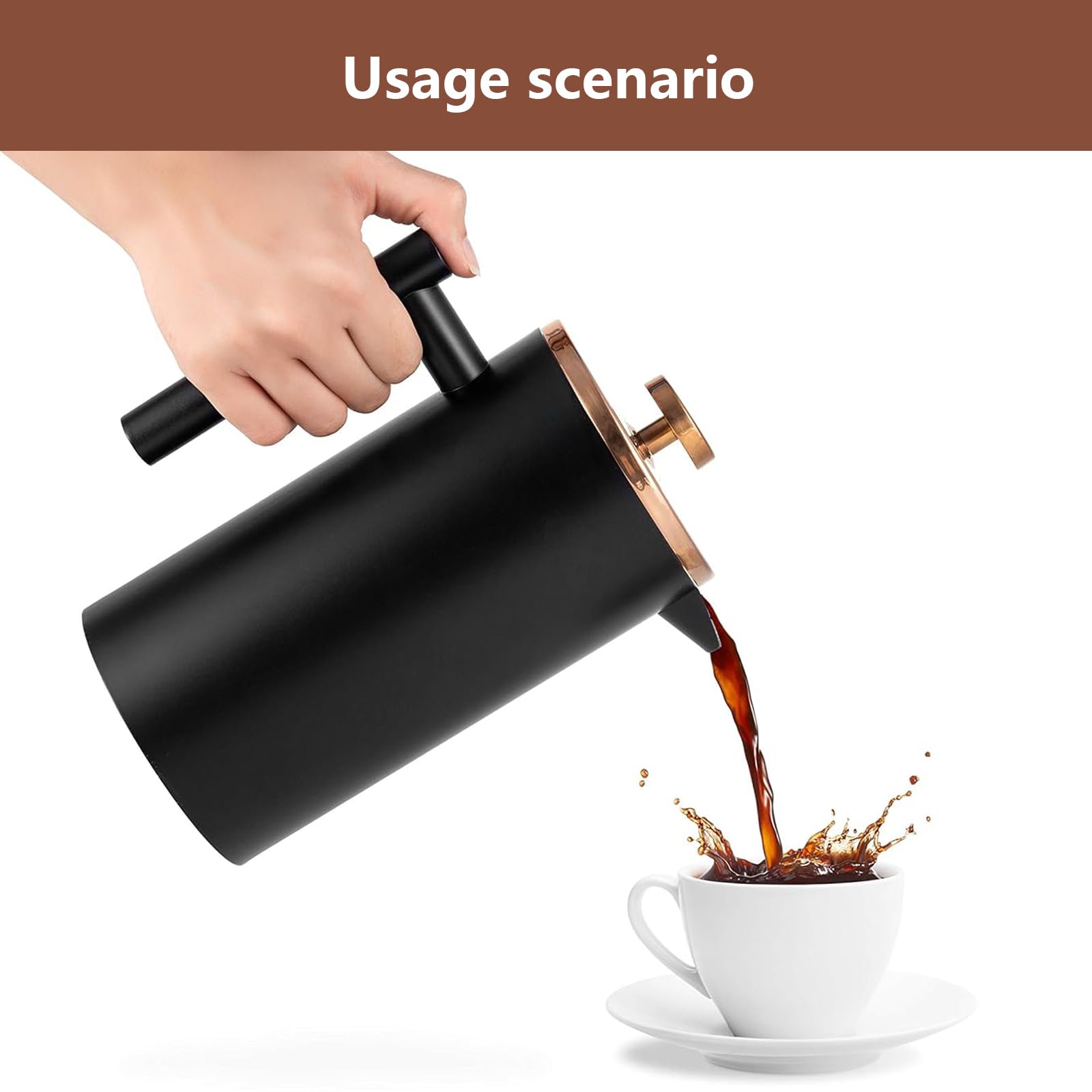 Worbic Cafetière à piston française 1000 ml - Double paroi isolée en acier inoxydable - Système de filtration à 3 niveaux - Pour la maison, le camping et le bureau - Noir