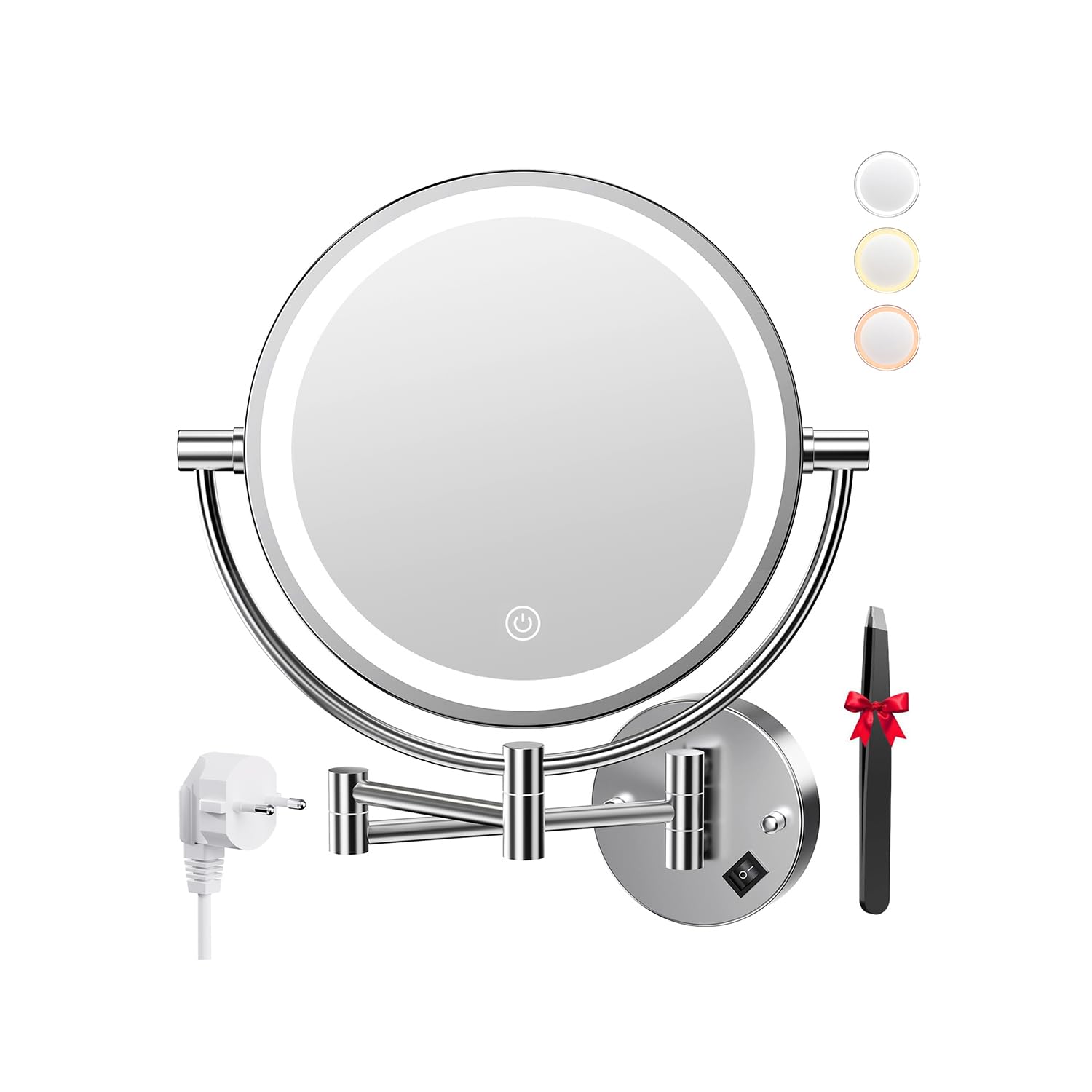 Auxmir Espejo Maquillaje con Luz Pared Enchufable 1X/20X Aumento Doble Cara | Giratorio 360°, Brazo Extensible, Interruptor Táctil, 3 Colores LED y Brillo Regulable, Plateado, para Baño Hotel SPA
