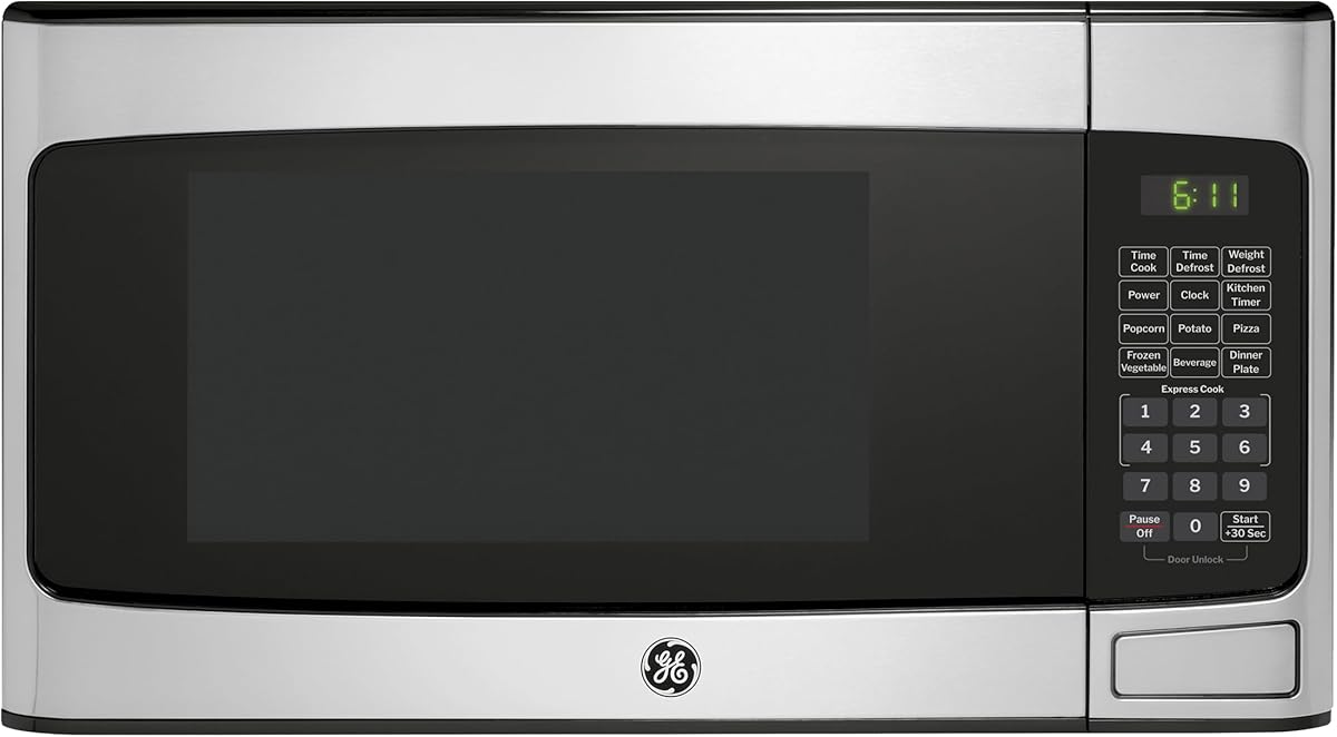 GE GCST11X1WSS Microwave Oven, 950-watt 6 Auto Cooking Settings, Child-Lock Technology, Kitchen Essentials for The Countertop, Dorm Room or Apartment, 1.1 Cu. Ft, Stainless Steel