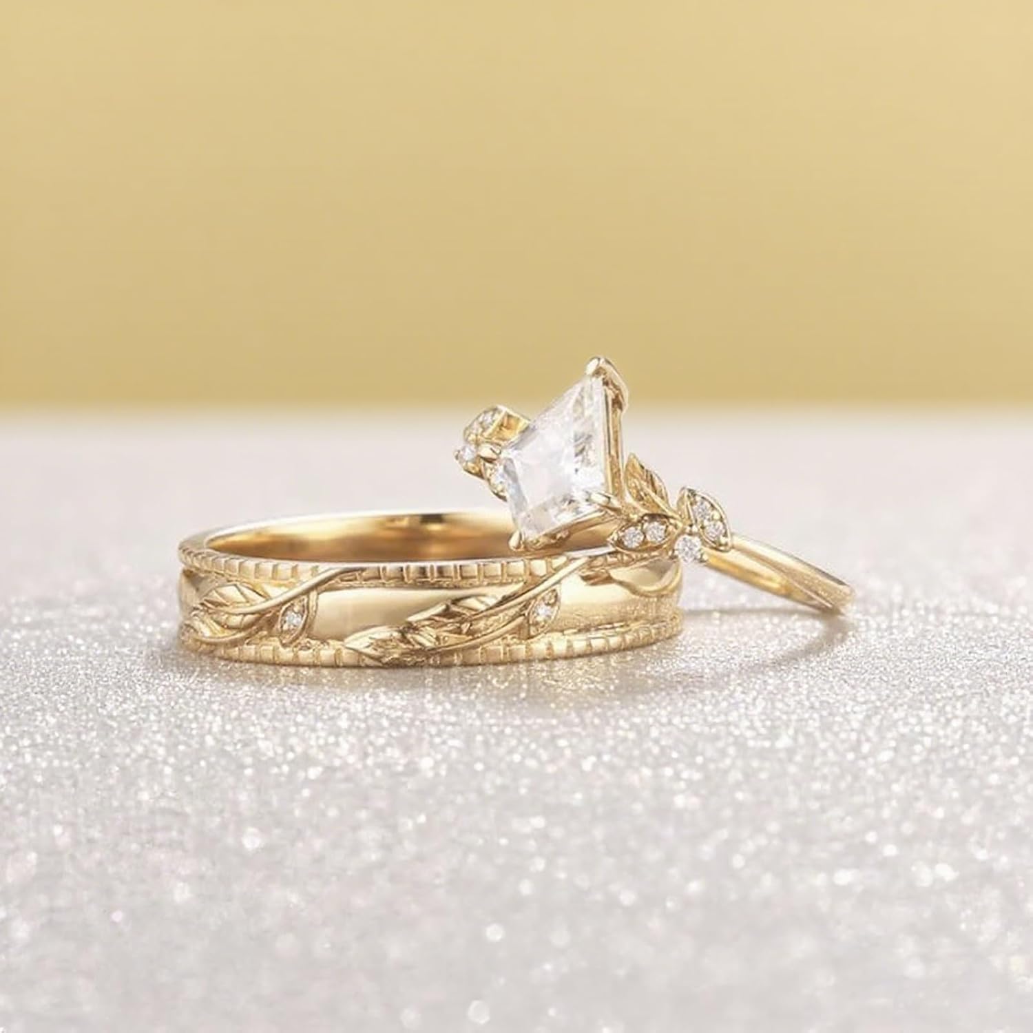 Moissanite Couple Ring Set for Men and Women, 925 Silver 10K 14K 18K Gold Moissanite Engagement Rings, Floral Leaf Matching Wedding Band Promise Ring 2Pcs for His and Hers