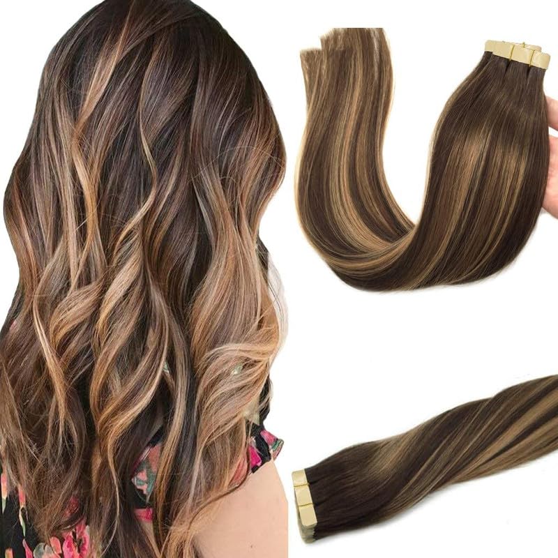 GOO GOO 20pcs 50g Human Hair Extensions Tape in Balayage Chocolate...