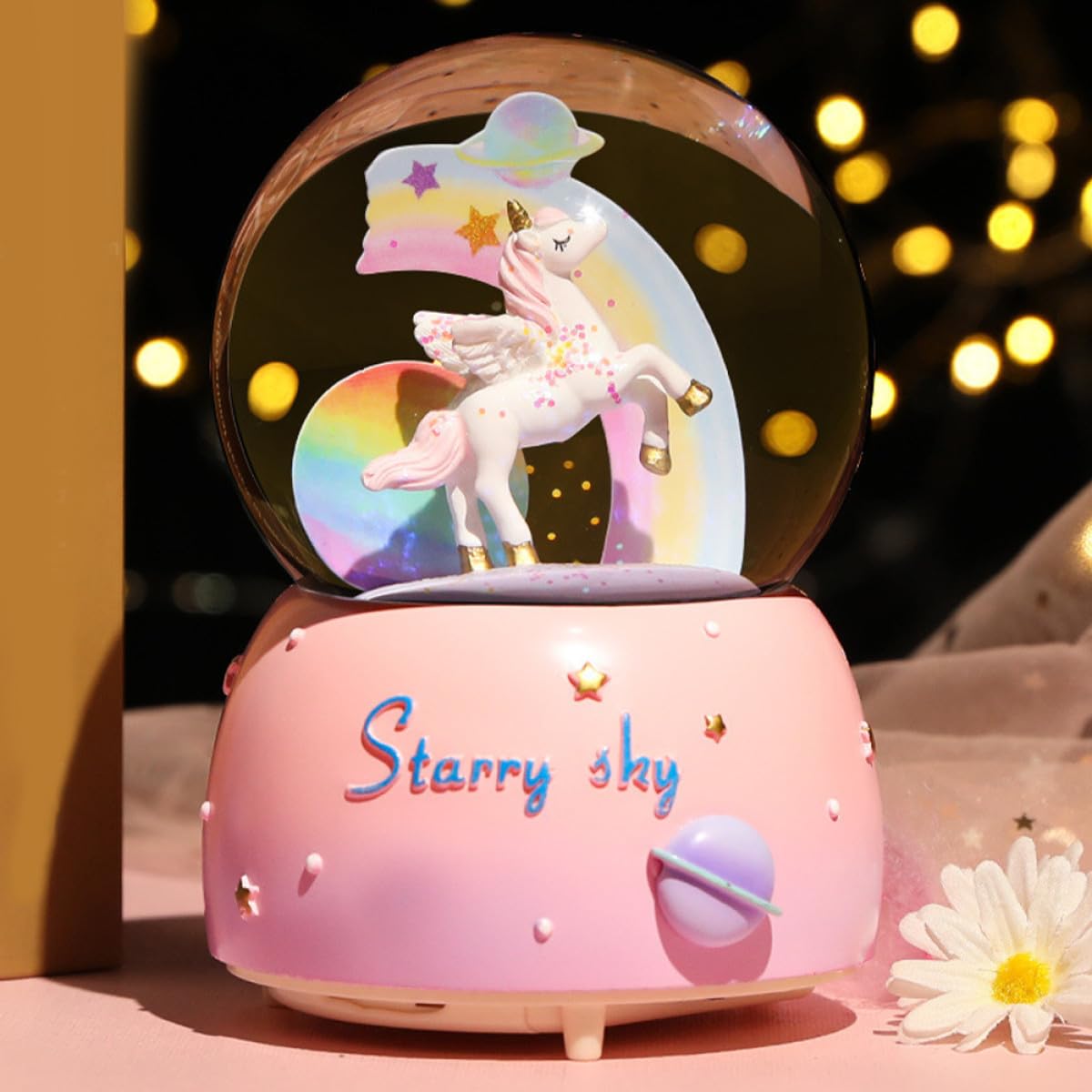 Caja de Música con Globo de Nieve Unicornio de Diseño Infantil Efecto Luz y Música Manual Decoración Navideña y Regalo Cumpleaños para Niñas Ambiente Romántico y Festivo