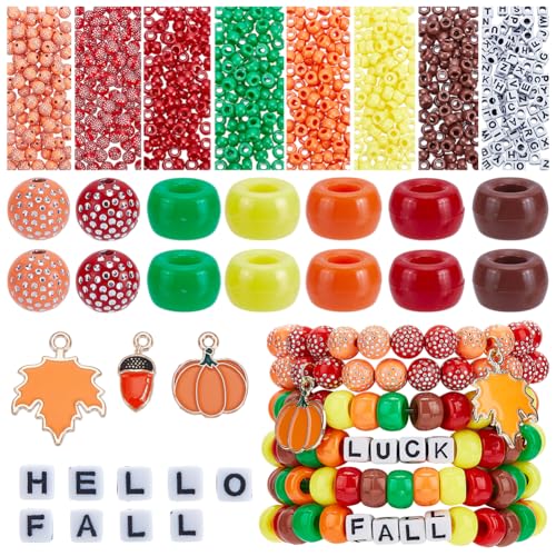 arricraft 830 Pcs Fall Beads Wristbands Making Kit, Autumn Pony Beads Bulk with Maple Leaf Charms Acorn Charm Pumpkin Cube with Random Initial Letter for DIY Arts Crafts Jewelry Making