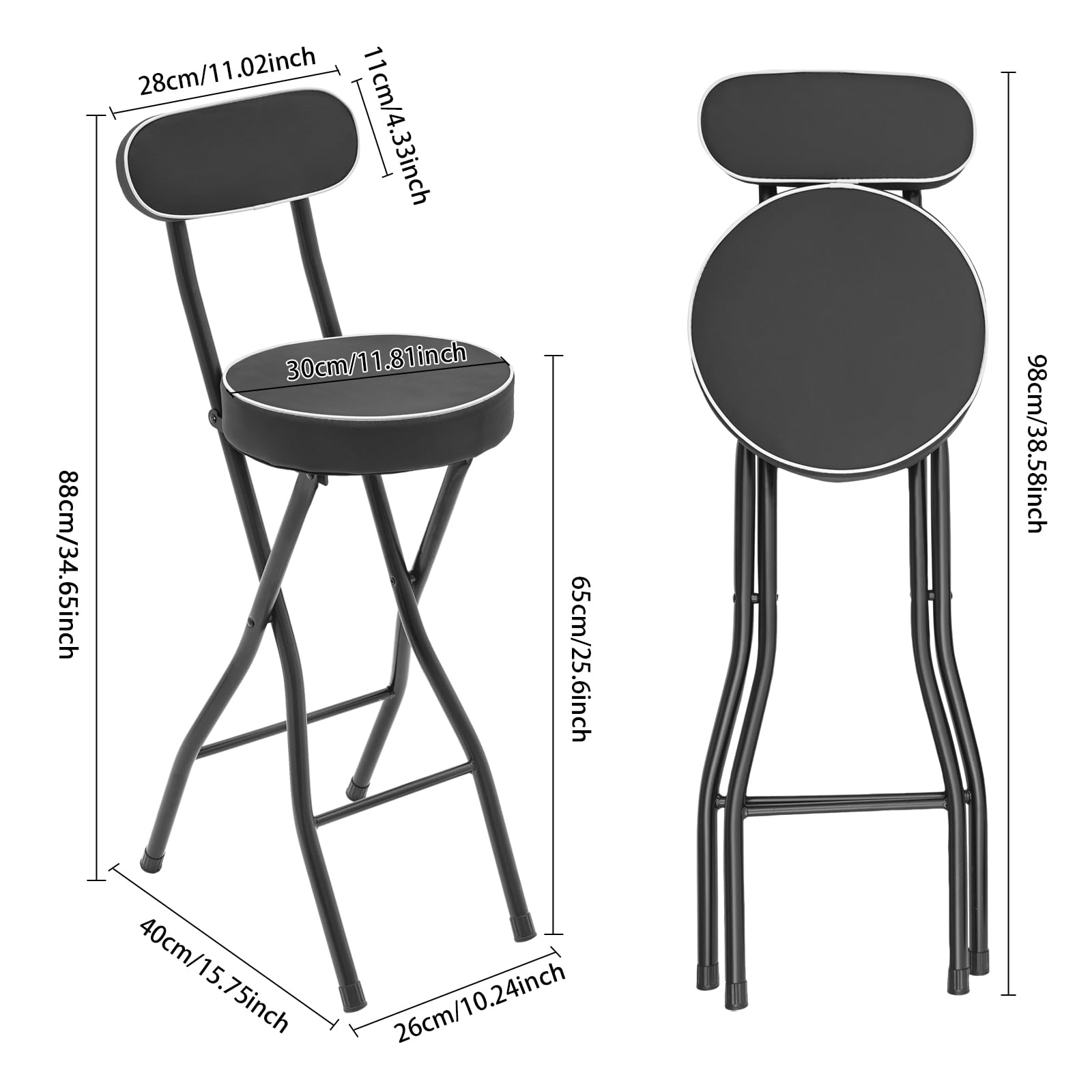 Juego de 2 taburetes de bar para exteriores, con respaldo, taburete acolchado plegable, marco en forma de X y patas antideslizantes, taburete plegable para camping, senderismo, pícnics, barbacoas