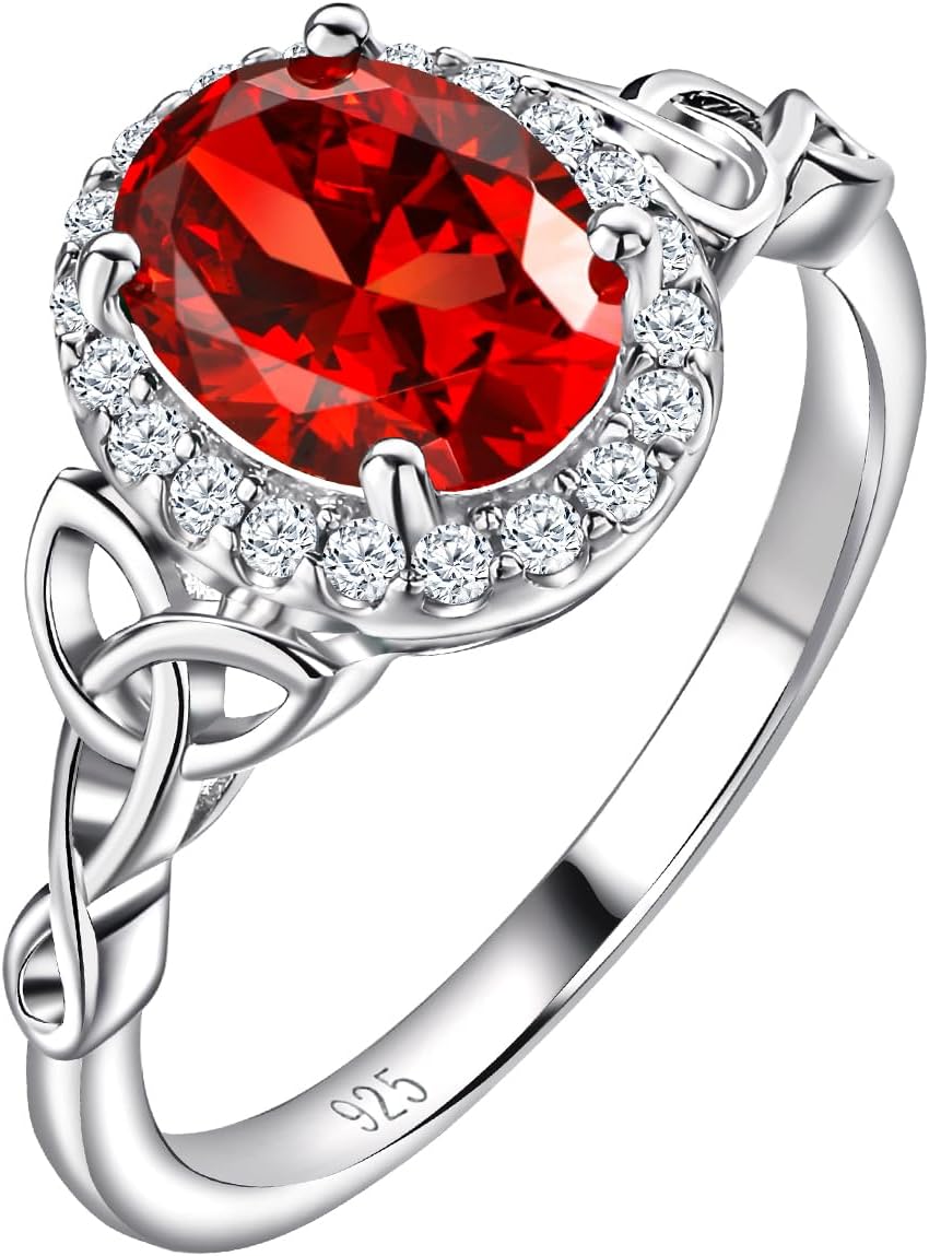 DAYBYDAY Celtic Birthstone Rings for Women 925 Sterling Silver Heart/Round/Pear/Oval Created Gemstone Moissanite Halo Engagement Promise Rings for Her Wife Birthday Anniversary Wedding Jewelry