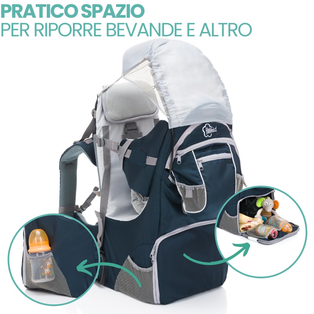 Fillikid Zaino Porta Bambino Montagna, con Protezione Sole, Cintura - Zaino Trekking Porta Bambino e Neonati da 6 Mesi Fino a 18 kg - Blu, grigio