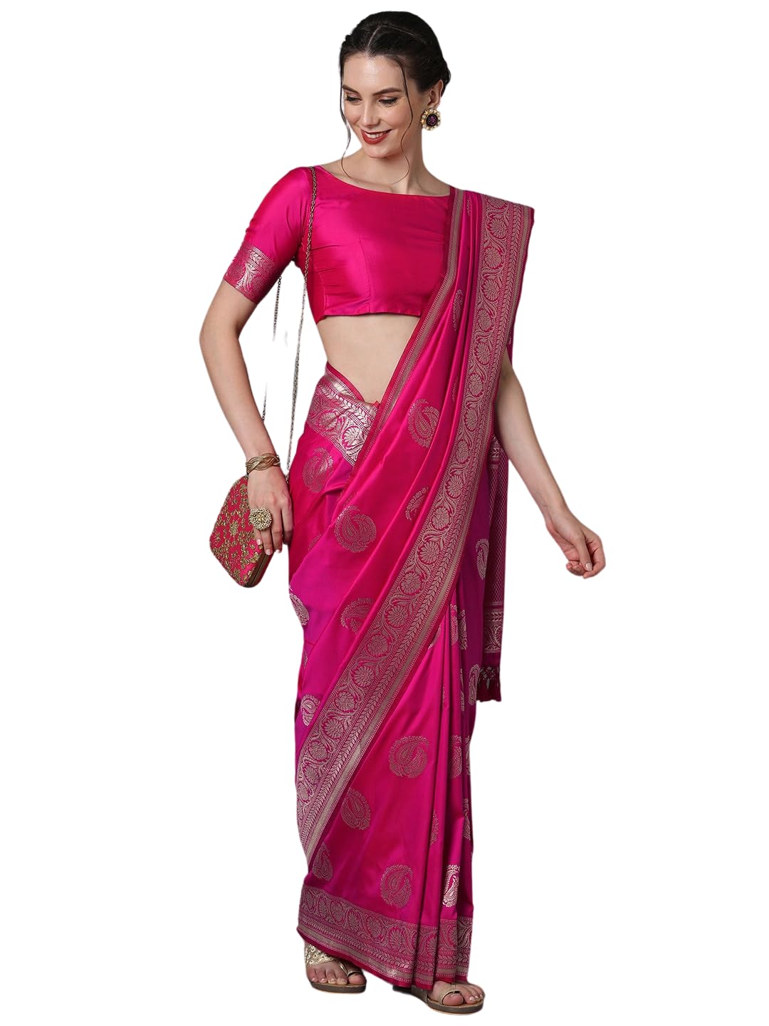 Leriya Fashion Women's Present Banarasi Soft Lichi Silk Saree | Jacquard Rich Pallu Design | Golden Saree For Women | Cotton Silk Saree For Women (Pink)