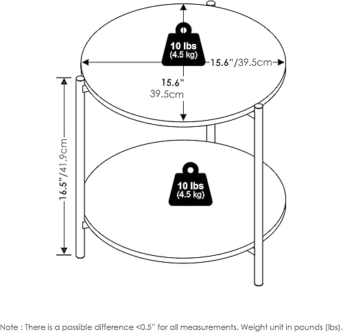 Miniatura 3 de Furinno Besi - Mesa auxiliar redonda moderna de 2 niveles con patas de metal resistentes, 15.55 pulgadas de ancho x 10.58 pulgadas de alto x 5.46