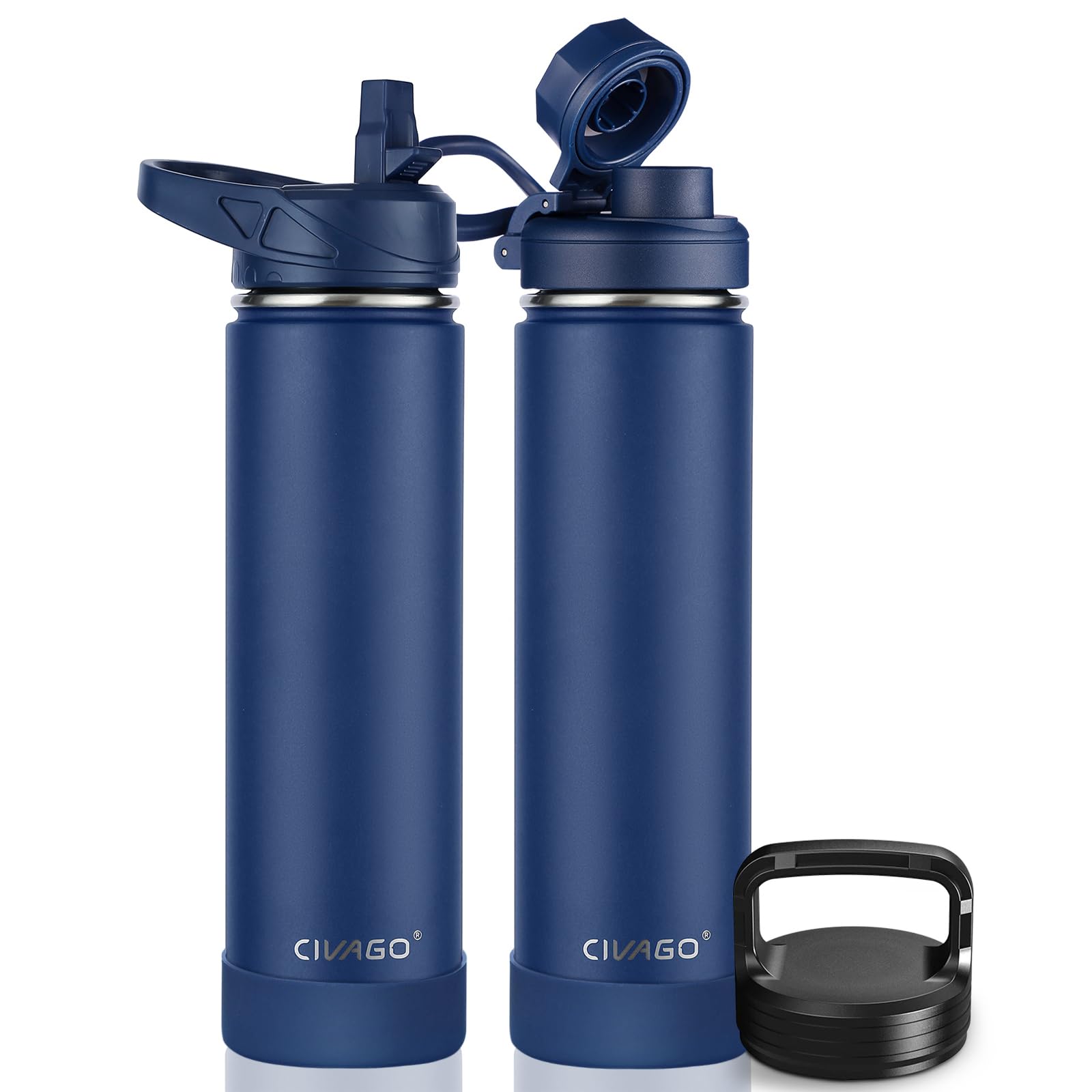 CIVAGO 24 oz Insulated Stainless Steel Water Bottle With Straw and 3 Lids | Large Metal Sports Water Jug Leakproof Reusable Wide Mouth Thermal Flask Cup with Silicone Boot, BPA-Free, Navy