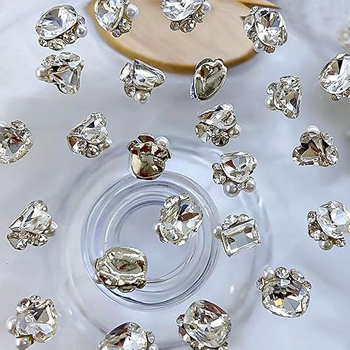 Miniatura 6 de 8 piezas de perlas 3D de diamantes de imitación para uñas, dijes de perlas brillantes de corazón de lujo, corazones blancos transparentes, copos de