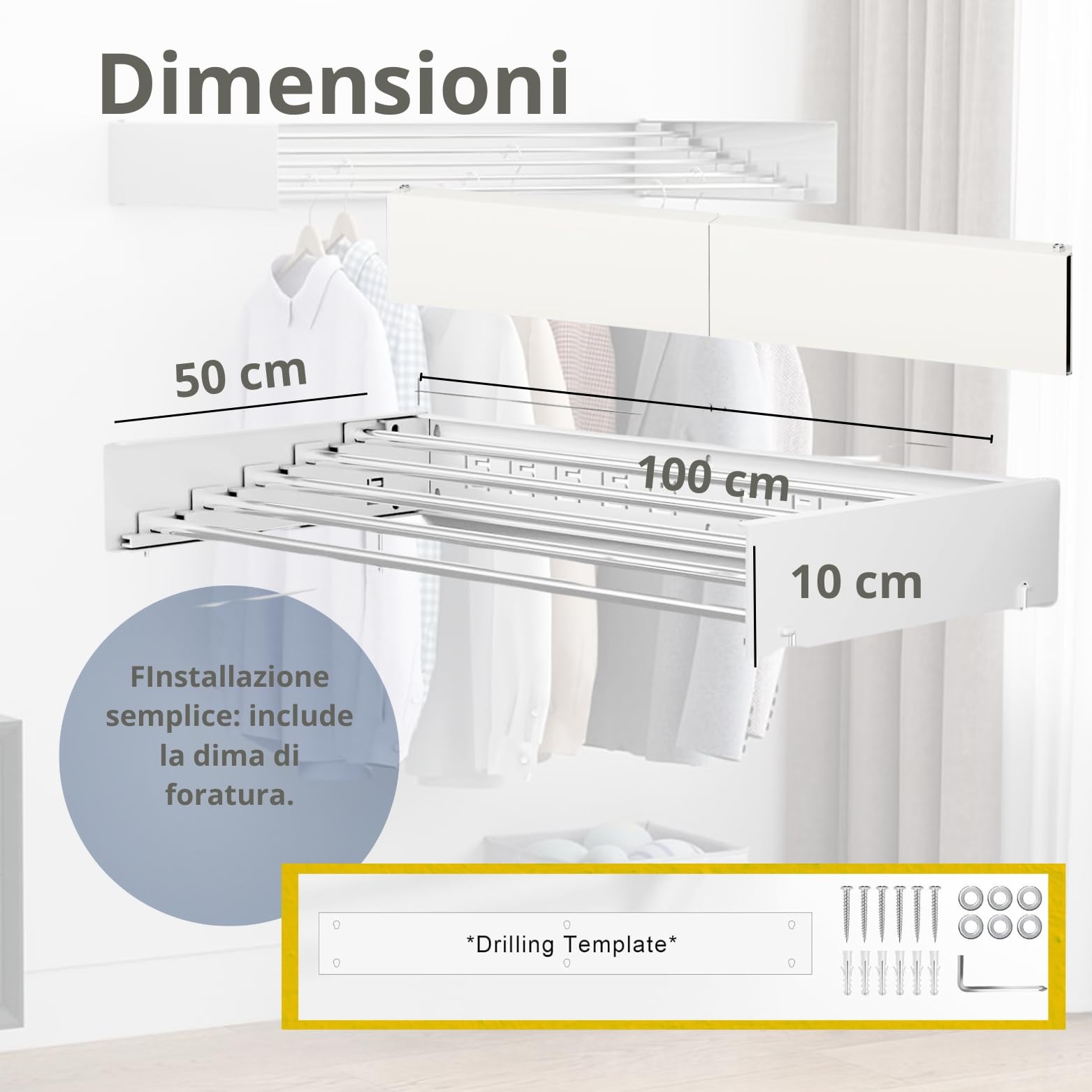 Stendino da Parete Pieghevole Estensibile Retrattile 100 cm con 24 Pinze Stendibiancheria da Muro Richiudibile Antiruggine Interno Esterno Salvaspazio