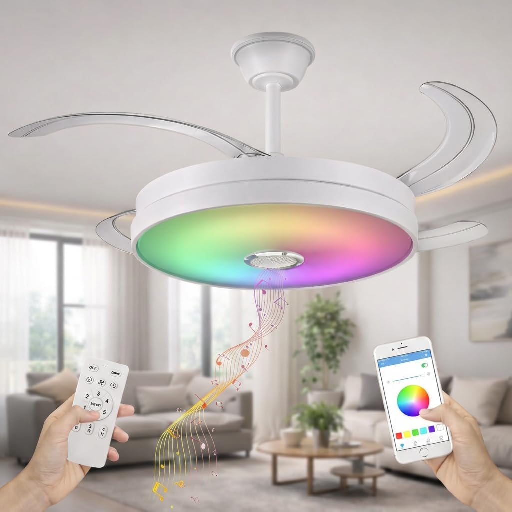 Ceiling Fan with Music – 108 cm Wide with Retractable Blades, LED Light and RGB – Quiet with Lamp and Modern, Multifunction with 2 Remote Controls and APP