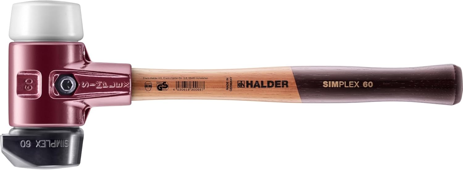 Halder Simplex Soft-Faced Mallet 3027.260 – Stand Up Medium-Hard Rubber Insert, Hard Superplastic Insert, Cast Iron Housing with Handle Protection Sleeve, Hickory Handle, 60mm, 3.4 lbs.