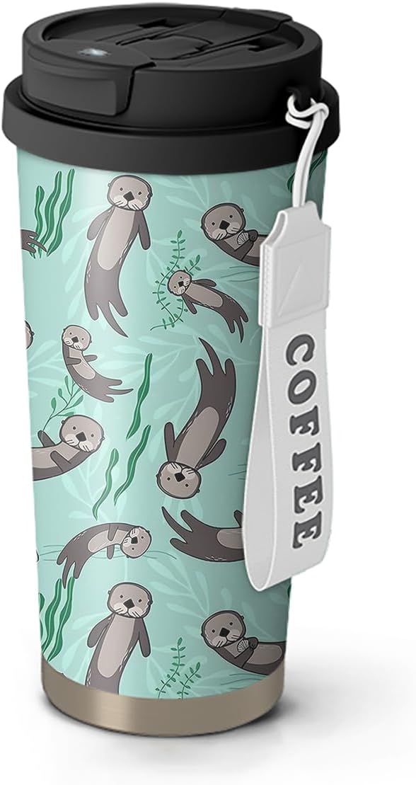 18oz Cute Sea Otter Coffee Mug Travel Cups with Lid and Flip Straw, Stainless Steel Insulated Tumbler Water Bottle with Strap, Gifts for Women Animal Lovers