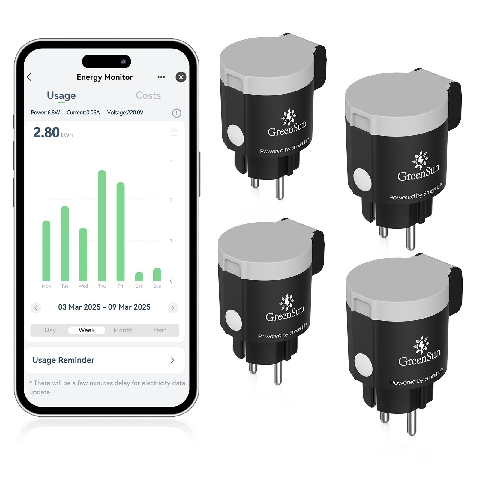 GreenSun Presa collegata – Presa esterna impermeabile 16A tipo E programmatore presa elettrica collegata Alexa presa programmabile presa contatore di energia controllo APP Smart Life 2,4GHz IP44 4PCS