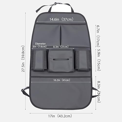 Miniatura 3 de Organizador de asiento trasero de automóvil para niños, bolsa de almacenamiento para asiento trasero de automóvil con 3 bolsillos, 2 soportes para