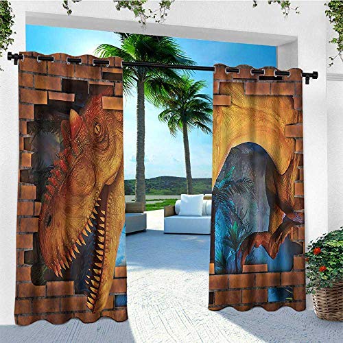 leinuoyi Dinosaur, Outdoor Curtain of Lights, Tyrannosaurus Breaks a Brick Wall Frightening Scary Scenery Jungle Invaded House, for Patio W84 x L96 Inch Orange Blue
