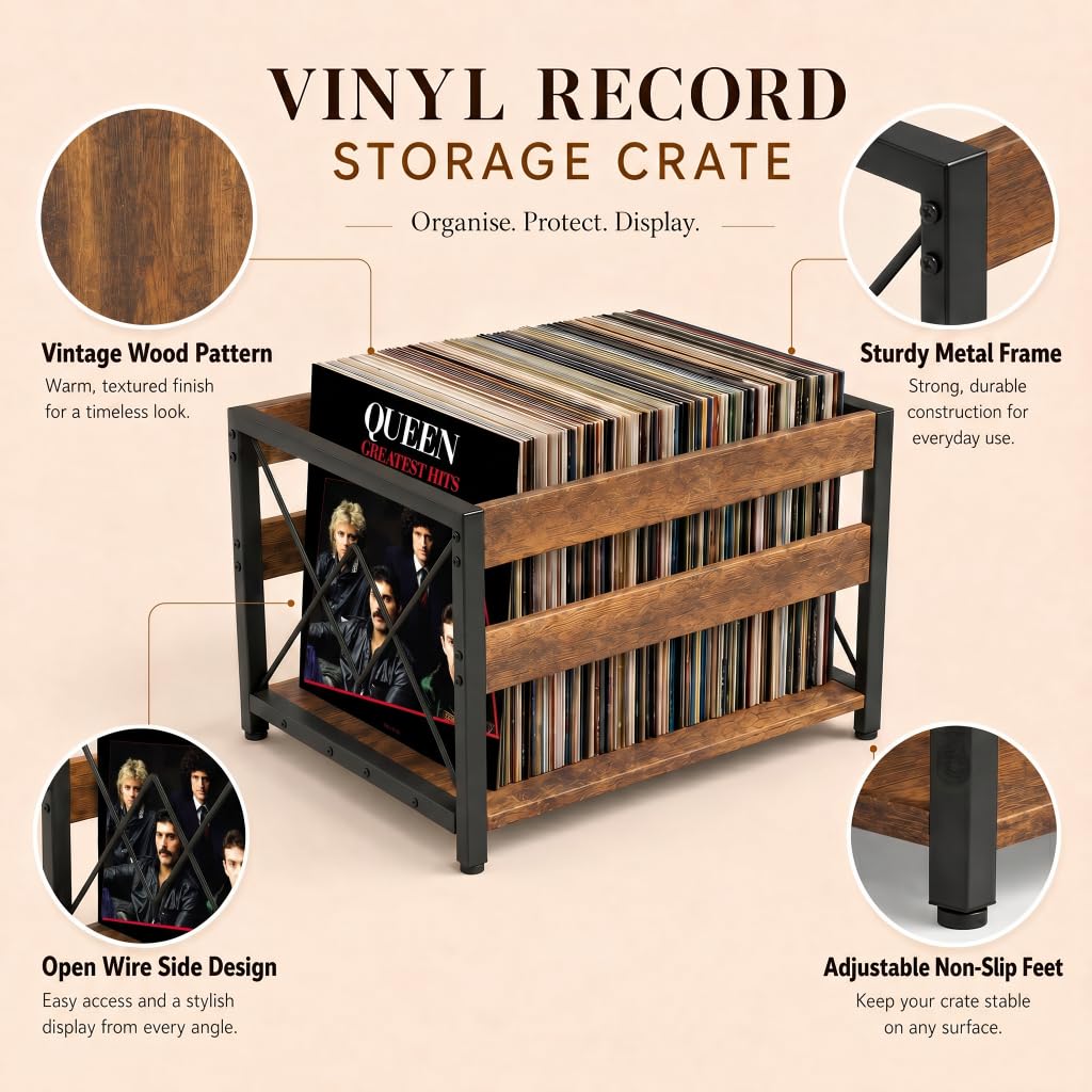 HFHOME Cassetta portaoggetti per dischi in vinile, scatola portaoggetti in legno, cubo classico, per CD, album, può contenere fino a 100 dischi e riviste, per scrivania, casa, ufficio