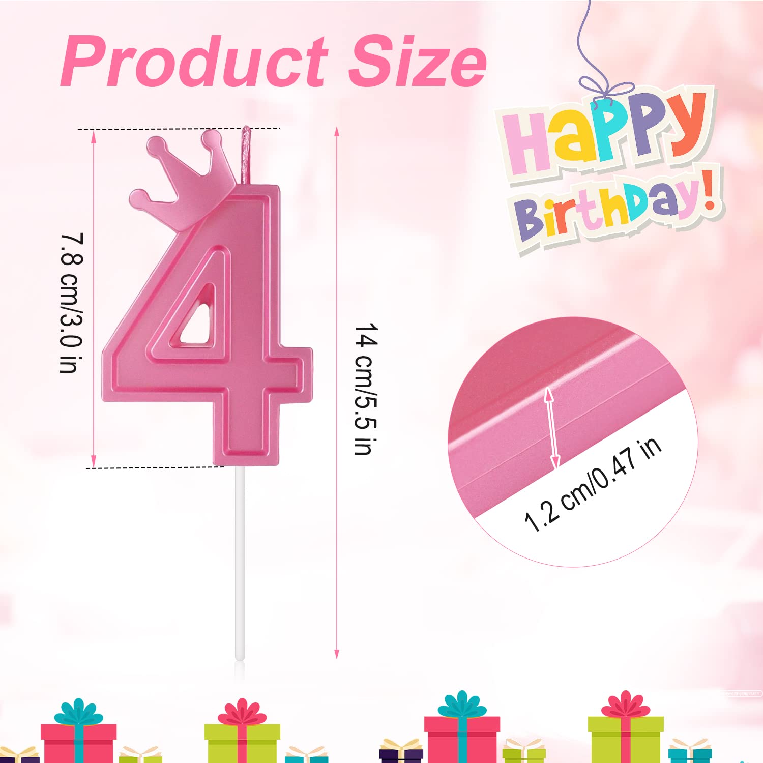 3 Inch Birthday Number Candle, 3D Number Candle with Crown Decor Large Cake Topper Number Candles for Birthday Cakes Wedding Anniversary Graduation Festival Party (Pink, 4)