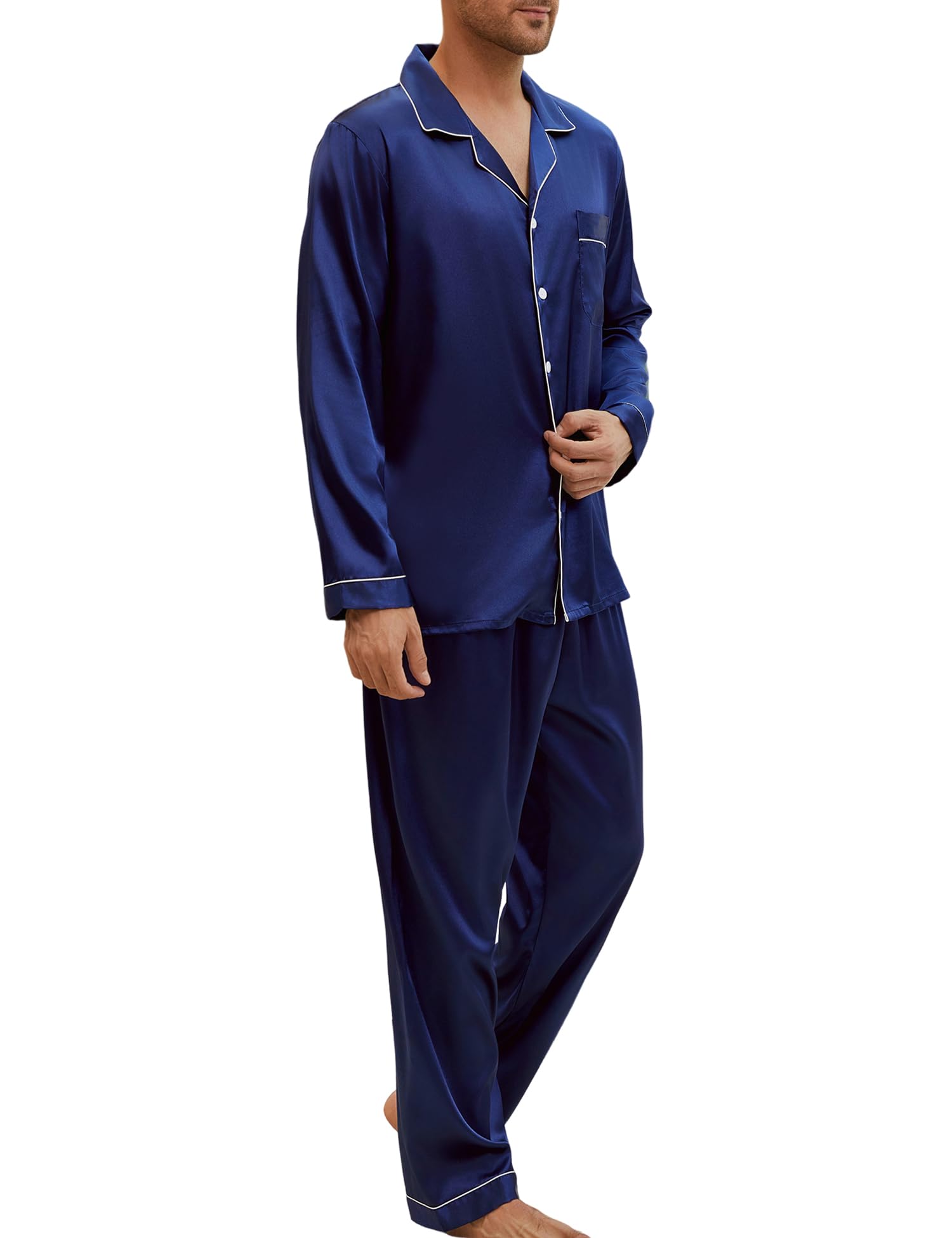 Pigiami Due Pezzi da Uomo Pigiama Raso con Bottoni Set Pigiama Top a Maniche Lunghe con Tasche, Pantaloni Pigiama Uomo Classic Loungewear