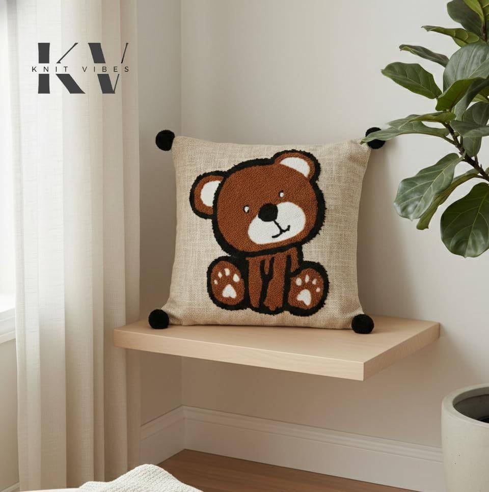 Image of Cartoon Bear Embroidered Kids Cushion Cover 16 x 16 Inches or 40x40 cms Cotton Fabric Cushion Covers for Sofa Set /Diwan Beds, Sofa Throw Pillow, Set of 1 Pc