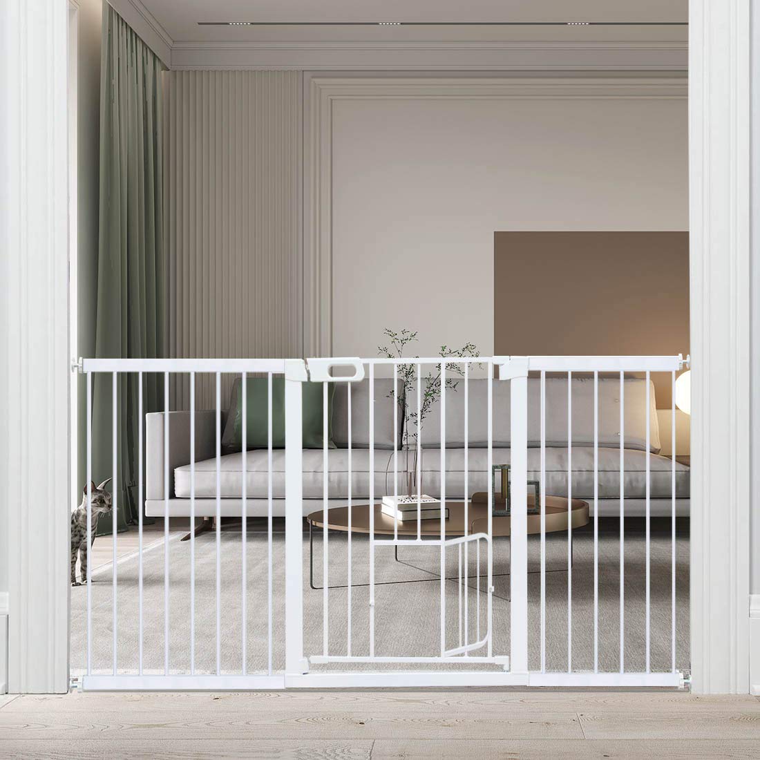 Extra Wide Baby Gate with Door Black-Large Walk through Baby Gates for Stairs Pressure Mounted no Drill-Indoor Long Tension Metal Child Pet Safety Gate 70.87"-73.62" Wide